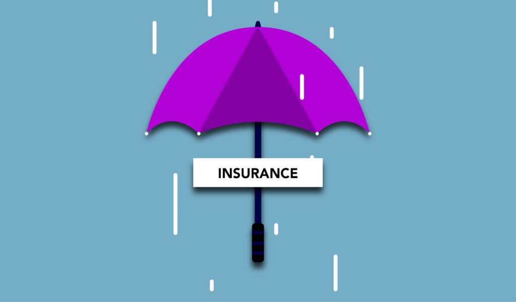 Decorative cardboard illustration of signboard with Insurance title under umbrella in rain on blue background